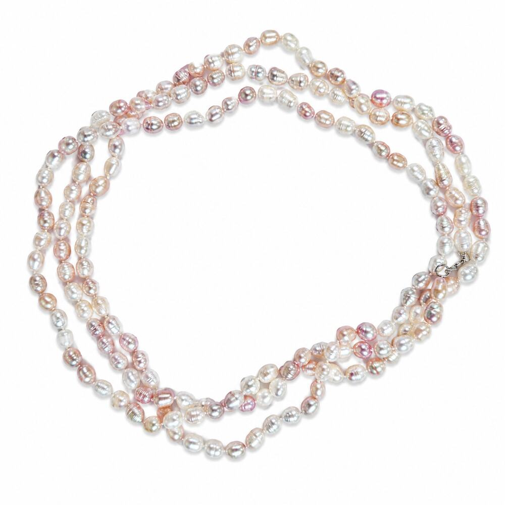 64" Cultured Baroque Pearl Necklace White & Pink 925 Silver Clasp - Picture 6 of 6